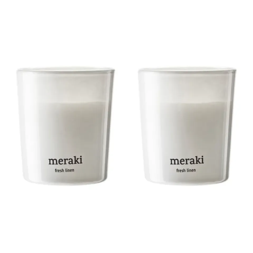 Meraki Tuoksukynttilät & Tuoksutikut^tuoksukynttilä 12 tuntia 2-pakkaus, Raikas Pellava